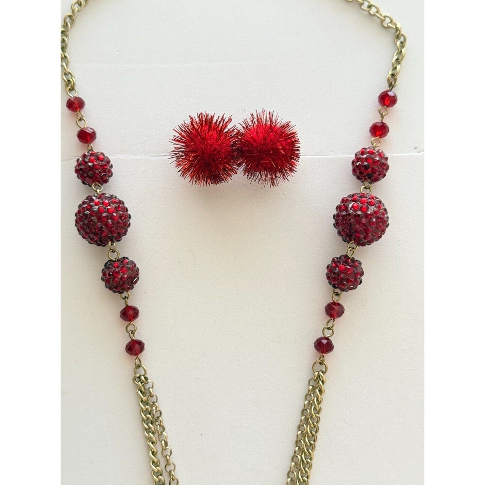 Vintage  Red Rhinestone Shamballa Ball Tassel Necklace & Earring Set - Picture 3 of 8